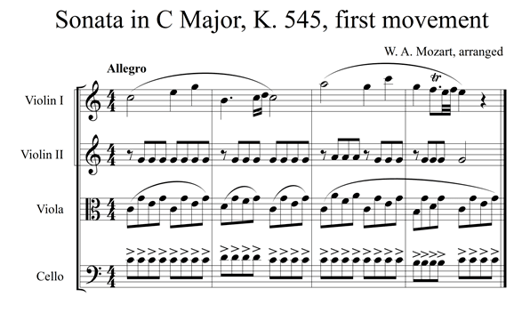 The excerpt presents the first four measures of Mozart's famous Piano Sonata in C Major, K. 545 arranged in a tutti texture for a string quartet. 